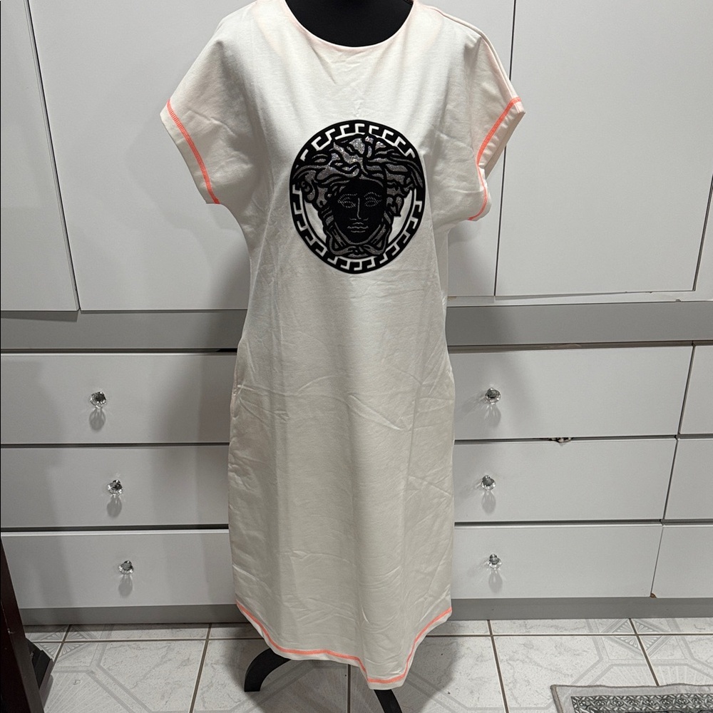 White Dress with Black Medusa Logo